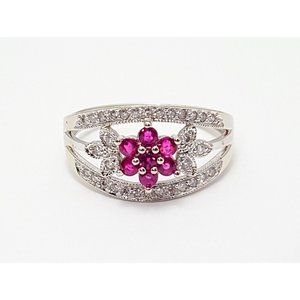 Unique 14K Karat Solid White Gold Designer Ruby & Diamond Ladies Ring Size 9.75